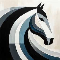 minimalist painting of a horse in black, white, grey and blue paint on canvas generated by DALL·E 2